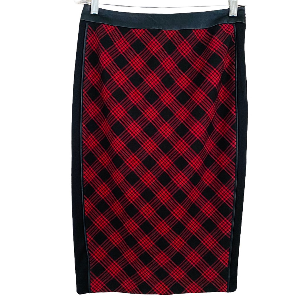 The Limited NWT Black & Red Faux Leather Trim Plaid Side Zip Pencil Skirt Size 4